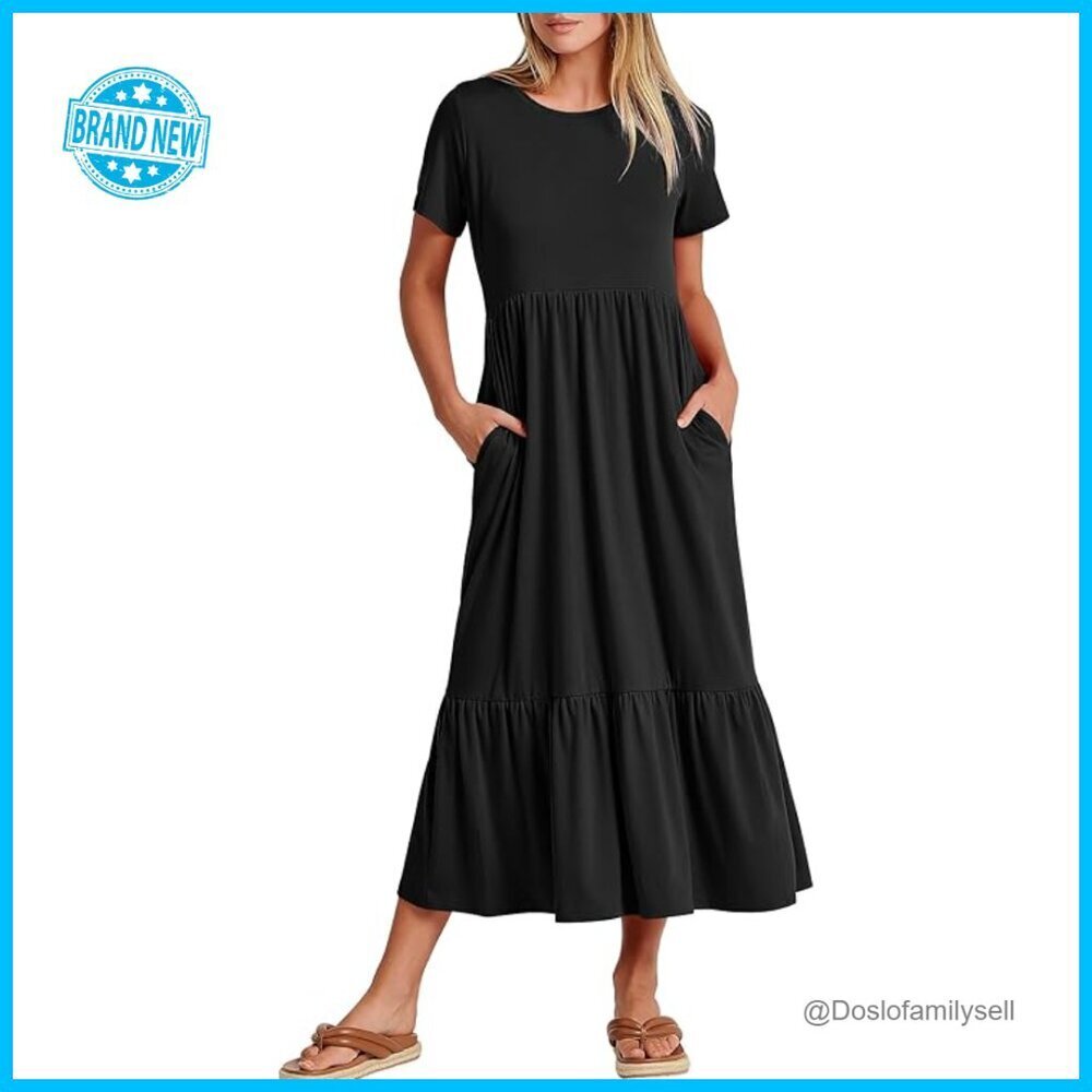 Tiered Maxi Dress Flowy Summer Casual Beach Travel A-Line with Pockets